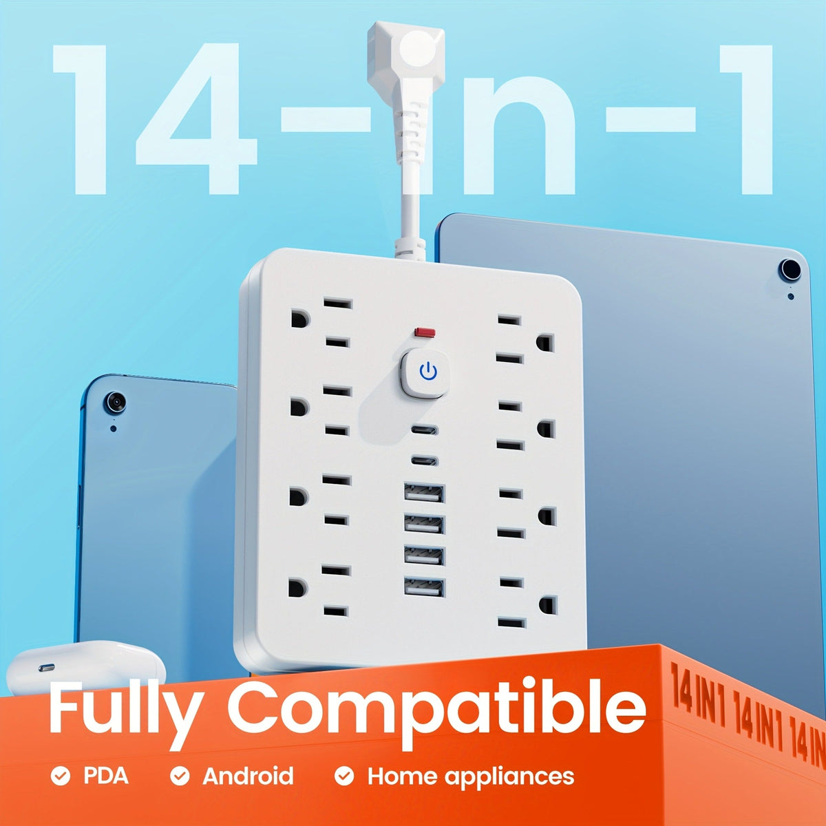 14-in-1 Power Strip with Surge Protector – 8 AC Outlets & 6 USB Ports (2 USB-C), Flat Plug Space-Saving Design, Overload Protection for Home Office School, Available in Black & White