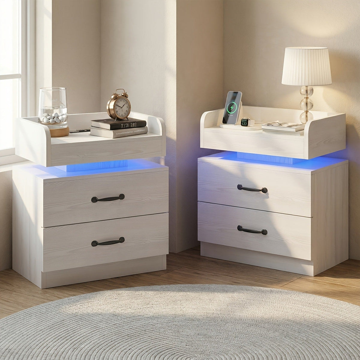Bedside Table with Charging Station & LED Lights – Modern Wooden Nightstand with Drawer & Open Shelf | Black or White | 1pc or 2pcs Set | Bedroom Living Room End Table | Housewarming Gift