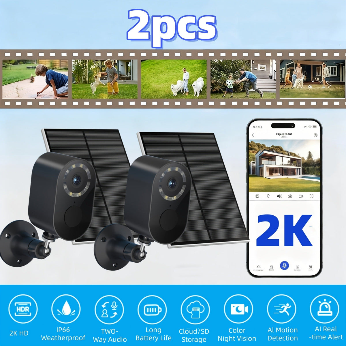 2K Solar Security Camera Outdoor Waterproof with Human Figure Alarm, Color Night Vision, 2-Way Audio, Low-Power WiFi Monitoring – Indoor Outdoor Pet Baby Surveillance Camera, 2.4G Wi-Fi
