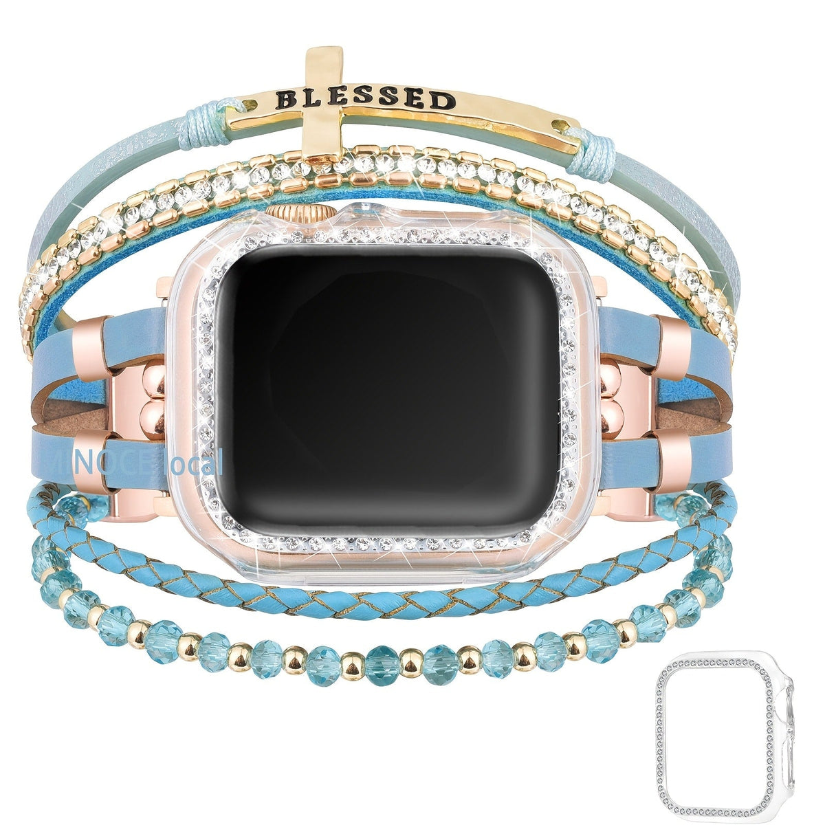 Boho Apple Watch Band 2-in-1 Bracelet & Protective Case for Women, Handmade Multilayer Wrap Strap with Glitter Bumper, Fits Apple Watch 38/40/41/42/44/45mm Series 9 8 7 6 5 4 3 2 1 SE – Sky Blue Pink Gold