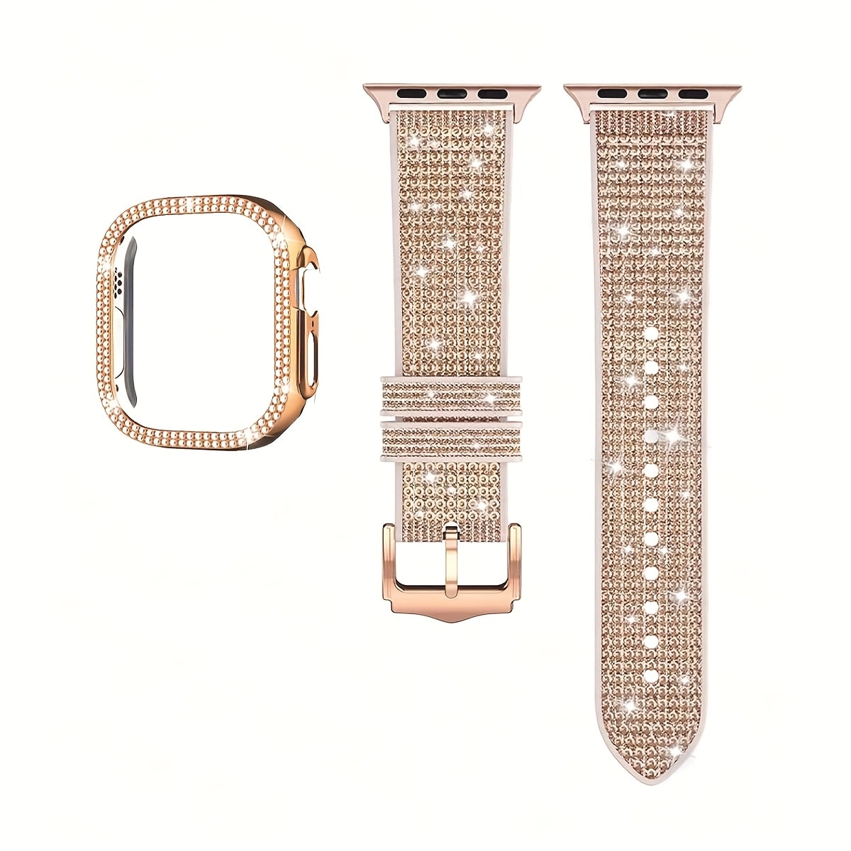 Apple Watch Band with Case Crystal Rhinestone Bling, Chameleon Color-Shift Strap + Shockproof Hard PC Cover, Compatible with Apple Watch Series 1-9 SE Ultra 38mm to 49mm S10 – Rose Gold Black Silver Women