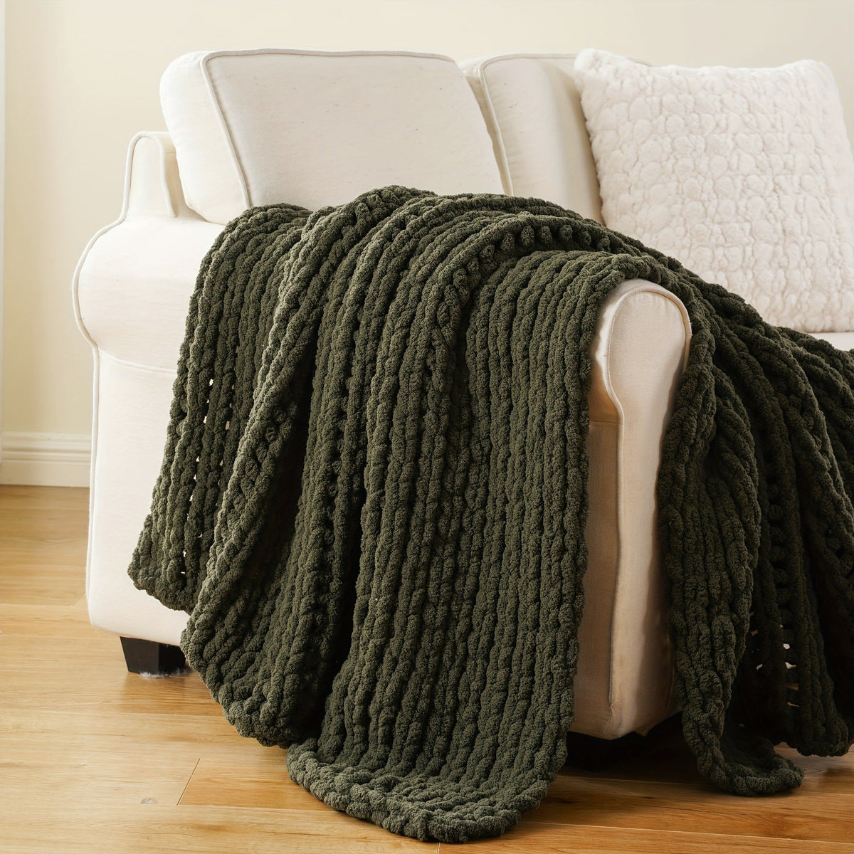 Chunky Chenille Cable Knit Throw Blanket – 350-400gsm Soft Warm Crochet Throw for Sofa, Bed & Couch, Vintage Patchwork, 14 Colors