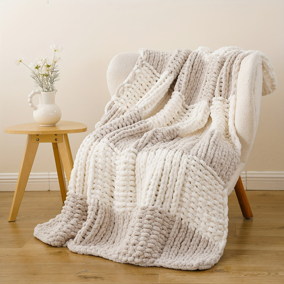 Chunky Chenille Cable Knit Throw Blanket – 350-400gsm Soft Warm Crochet Throw for Sofa, Bed & Couch, Vintage Patchwork, 14 Colors