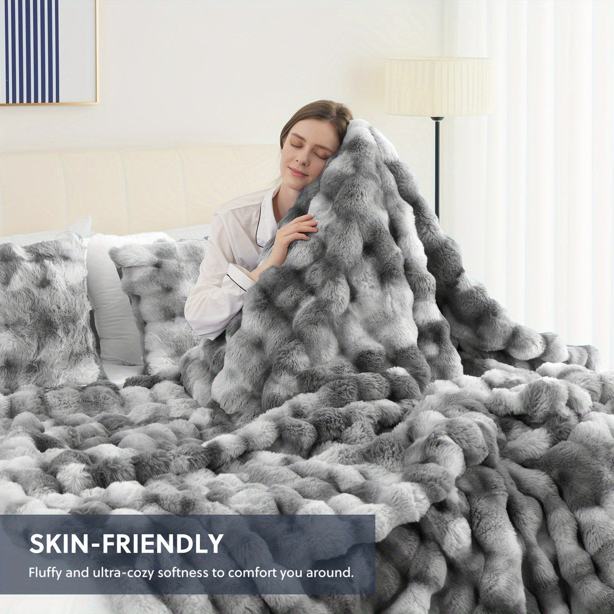 Faux Rabbit Fur Throw Blanket – Ultra-Soft Plush Fleece for Bed, Couch, Sofa & Travel, All Season, 11 Colors, Throw to King Size