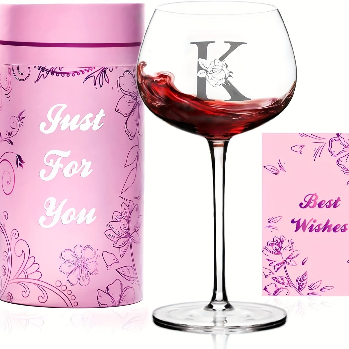 Personalized Wine Glass Gift for Women – A-Z Initial Letter Monogrammed Wine Glass with Gift Box & Greeting Card – Unique Birthday, Christmas & Mother's Day Gift for Mom, Best Friend & Sister