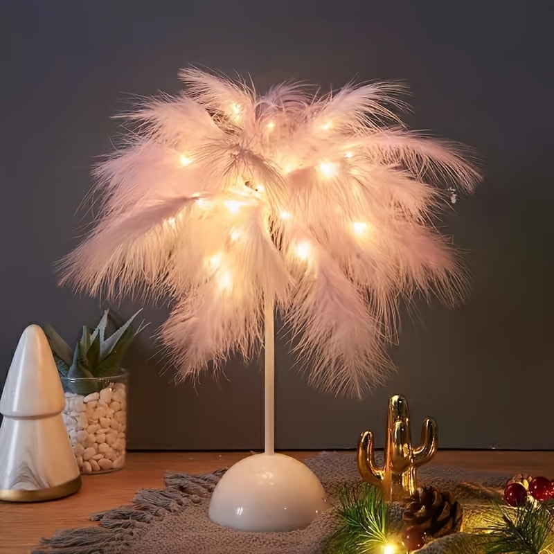 Feather LED Table Lamp – 40-Head Copper Wire Night Light, Romantic Atmosphere Lamp for Bedroom Living Room, Cute Desk Decor Light for Birthday Valentine's Day Gift (White / Pink, 1pc / 2pcs)