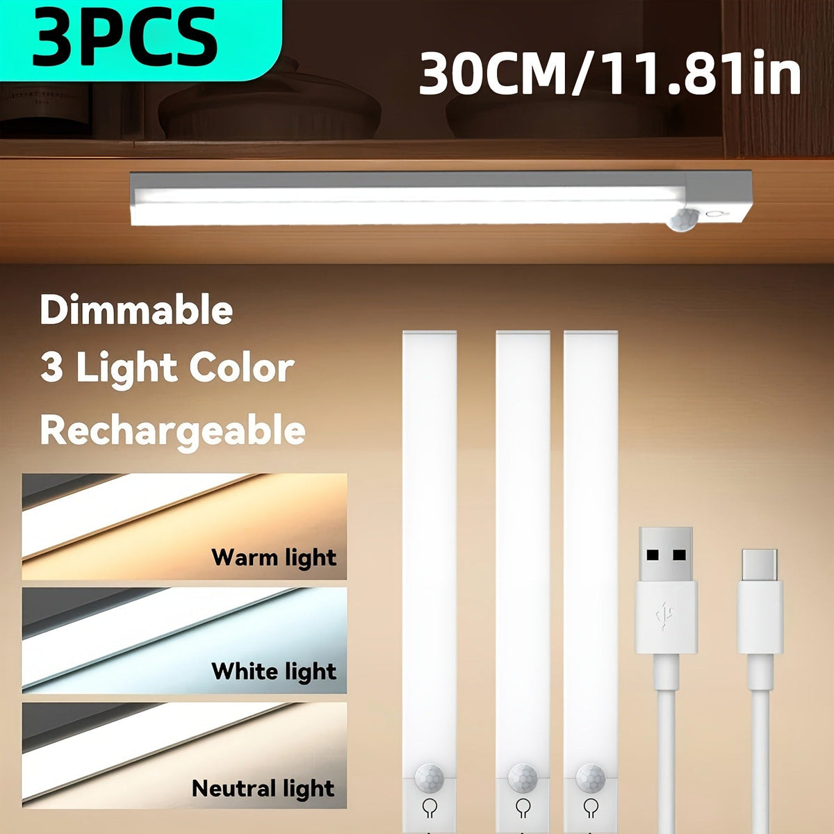 Motion Sensor Light 3 Pack USB Rechargeable LED Cabinet Light Dimmable 3 Color Temps Magnetic Base for Kitchen Closet Stairs Hallway Bedroom 7.87" 11.81"