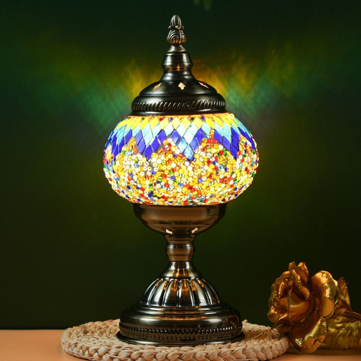 Mosaic Table Lamp Handcrafted Turkish Glass Bedside Lamp 3-Color Dimmable with Metal Base Bulb Included