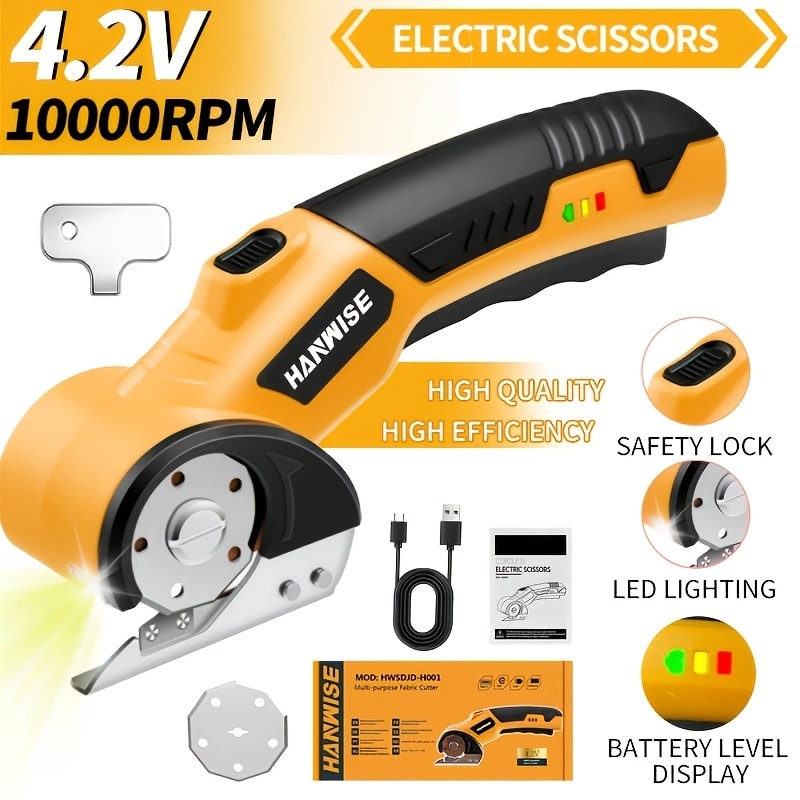 Electric Scissors Cordless 4.2V Rotary Cutter with 2000mAh Battery – 10000 RPM, Safety Lock, LED Light, Anti-Slip Handle, Fabric Cutting Machine for Clothing, Cardboard, Carpet, Leather & Craft Projects