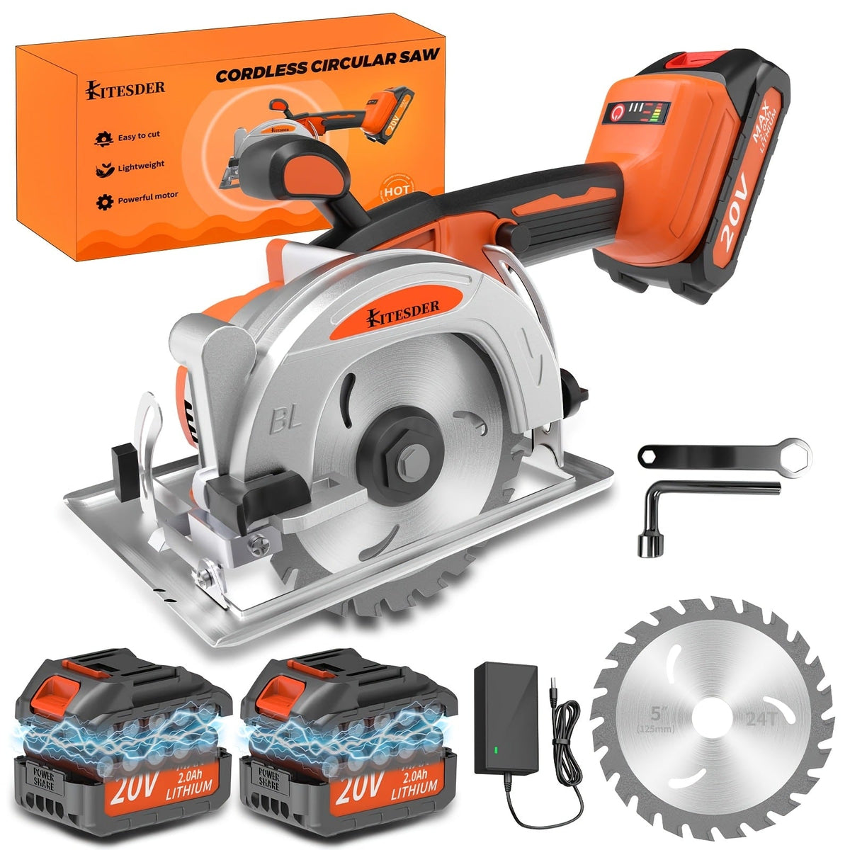 Brushless Circular Saw 5-Inch Kit 6900RPM with Battery & Charger – 45° Bevel Cut, Up to 6 Saw Blades, 2.0AH / 4.0AH Battery Options, Cordless Woodworking Saw for Wood Cutting, Garden & DIY Projects