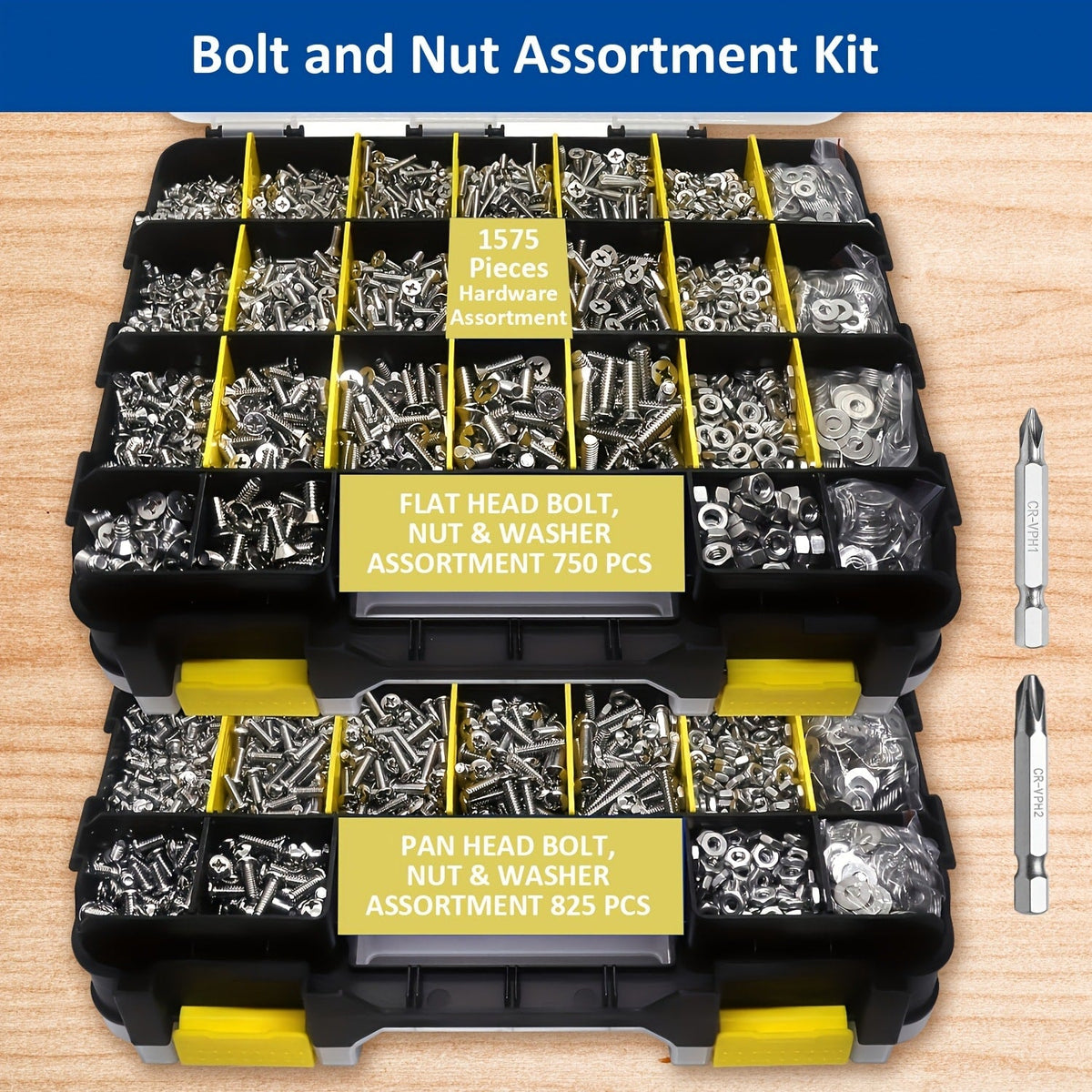 1575pcs 304 Stainless Steel Nuts and Bolts Assortment Kit – Pan Head Flat Head Screws Nuts Washers with Double-Sided Storage Box for Home & Mechanical Repairs