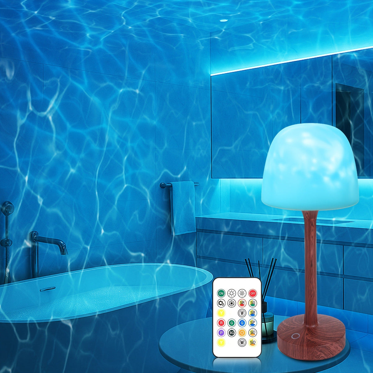 Ocean Wave LED Projector Lamp – 16 Color Rechargeable Cordless Night Light with Remote, Water Ripple Atmosphere Lamp for Bathroom Bedroom, Portable Table Lamp, RGB & Wood Base Options
