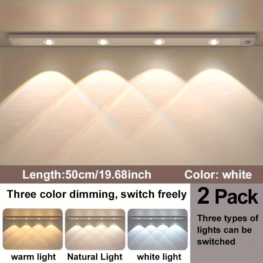 Motion Sensor LED Strip Light USB Rechargeable – 3-Color Dimmable Wireless Night Light for Kitchen, Wardrobe, Cabinet, Shoe Cabinet & Bedroom (20cm / 30cm / 40cm / 50cm, 1 or 2 Pack)