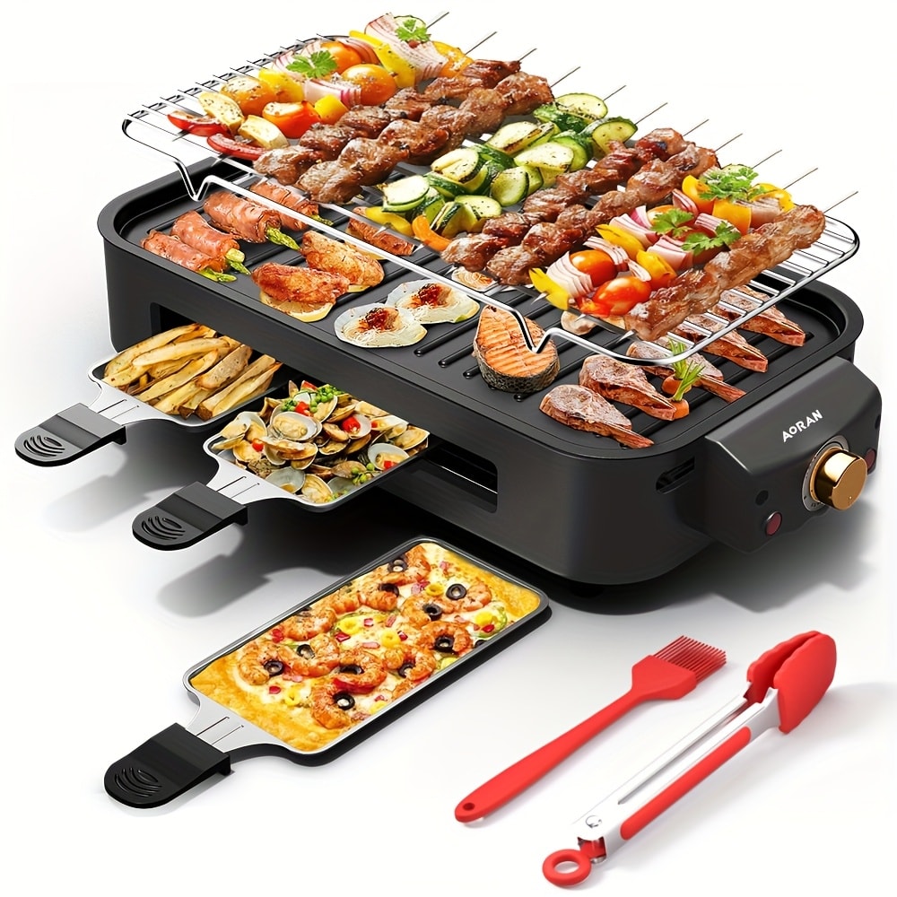 Electric BBQ Grill Indoor – 1500W Smokeless Tabletop Grill with Removable Frying Pan, Waffle Maker & Non-Stick Stainless Steel Plates, Adjustable Temperature, Perfect Christmas Housewarming Gift