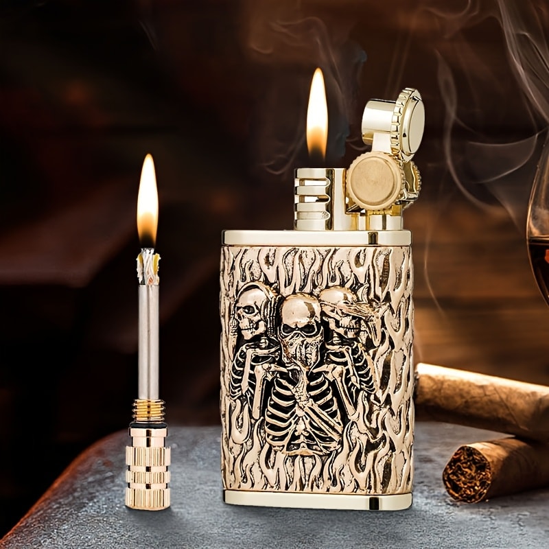 Kerosene Lighter 2-in-1 Permanent Match Flint Wheel Refillable – Golden Windproof Pocket Lighter with Built-In Match Strike, Unique Gift for Men, Father’s Day & Outdoor Use