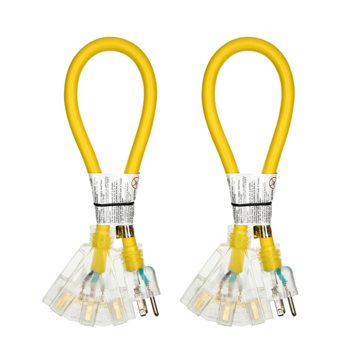 Heavy Duty Extension Cord Splitter Tri-Tap 2-Pack – 15A SJTW Contractor Grade, LED Lighted Plug, 2ft Yellow Jacket for Outdoor & Job Site Use