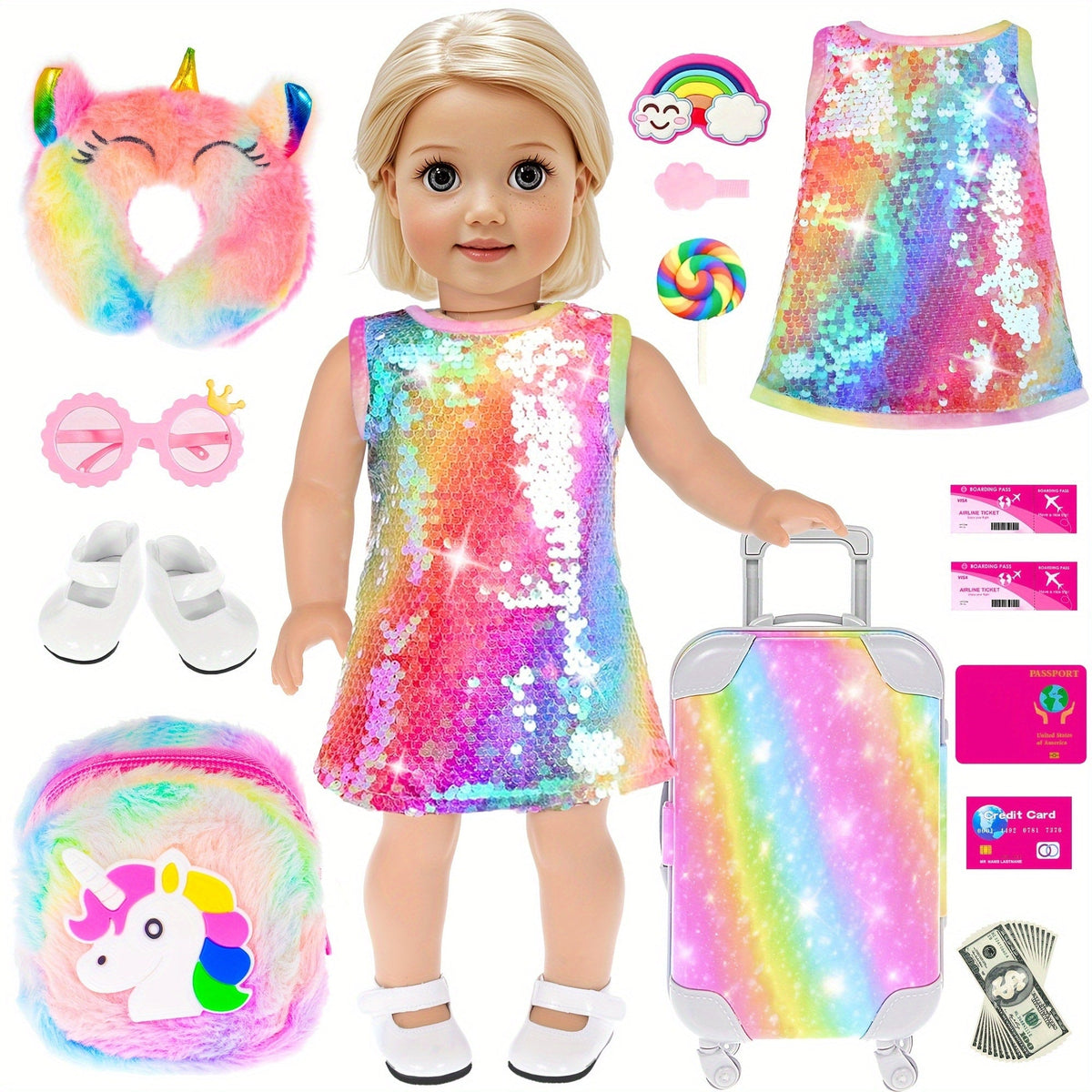 24-Piece Travel Accessory Set for 18-Inch Dolls with Suitcase and Outfit