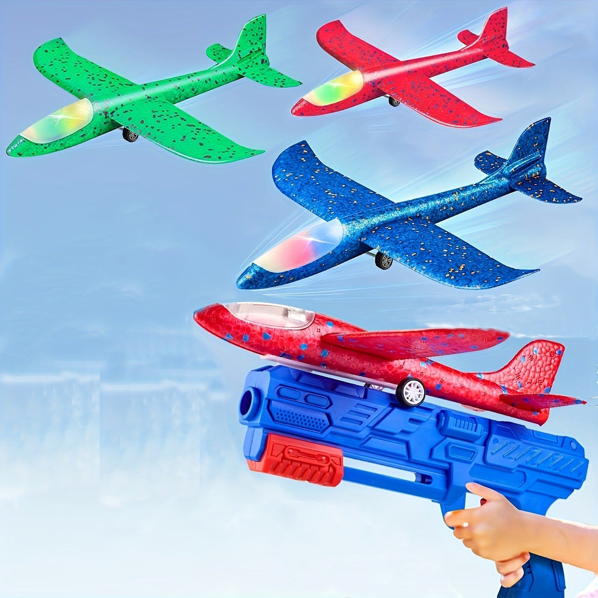 Foam Airplane Launcher Toy Set with 3 Foam Planes & Catapult, 2 Flight Modes for Outdoor Play