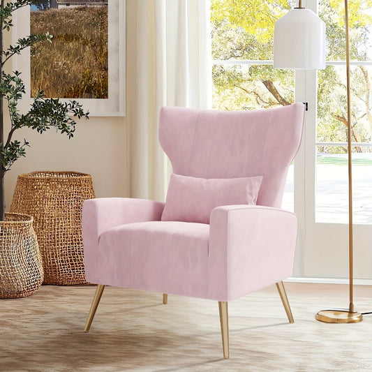 Accent Chair, Velvet Wingback with Golden Legs & Lumbar Pillow shown in the main product view