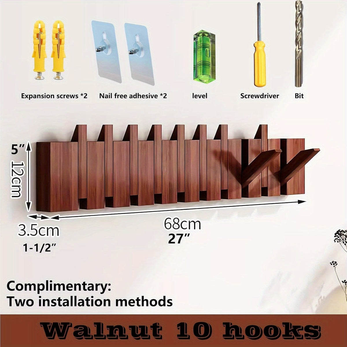 Coat Rack shown in the LED Walnut, 10 Hooks option