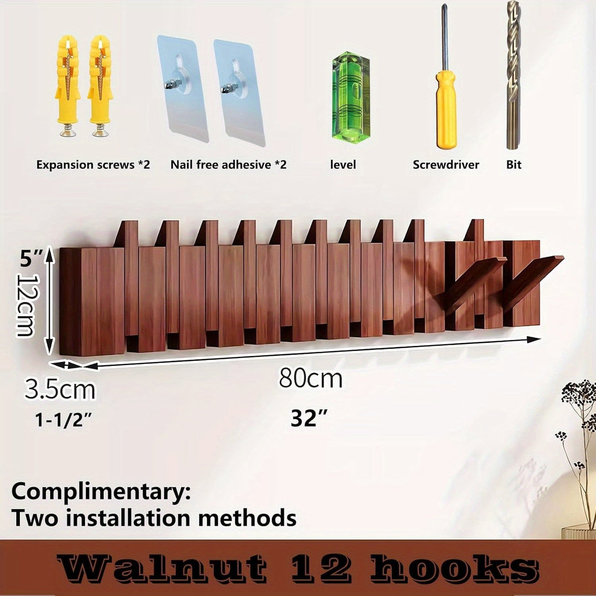 Coat Rack shown in the LED Walnut, 12 Hooks option
