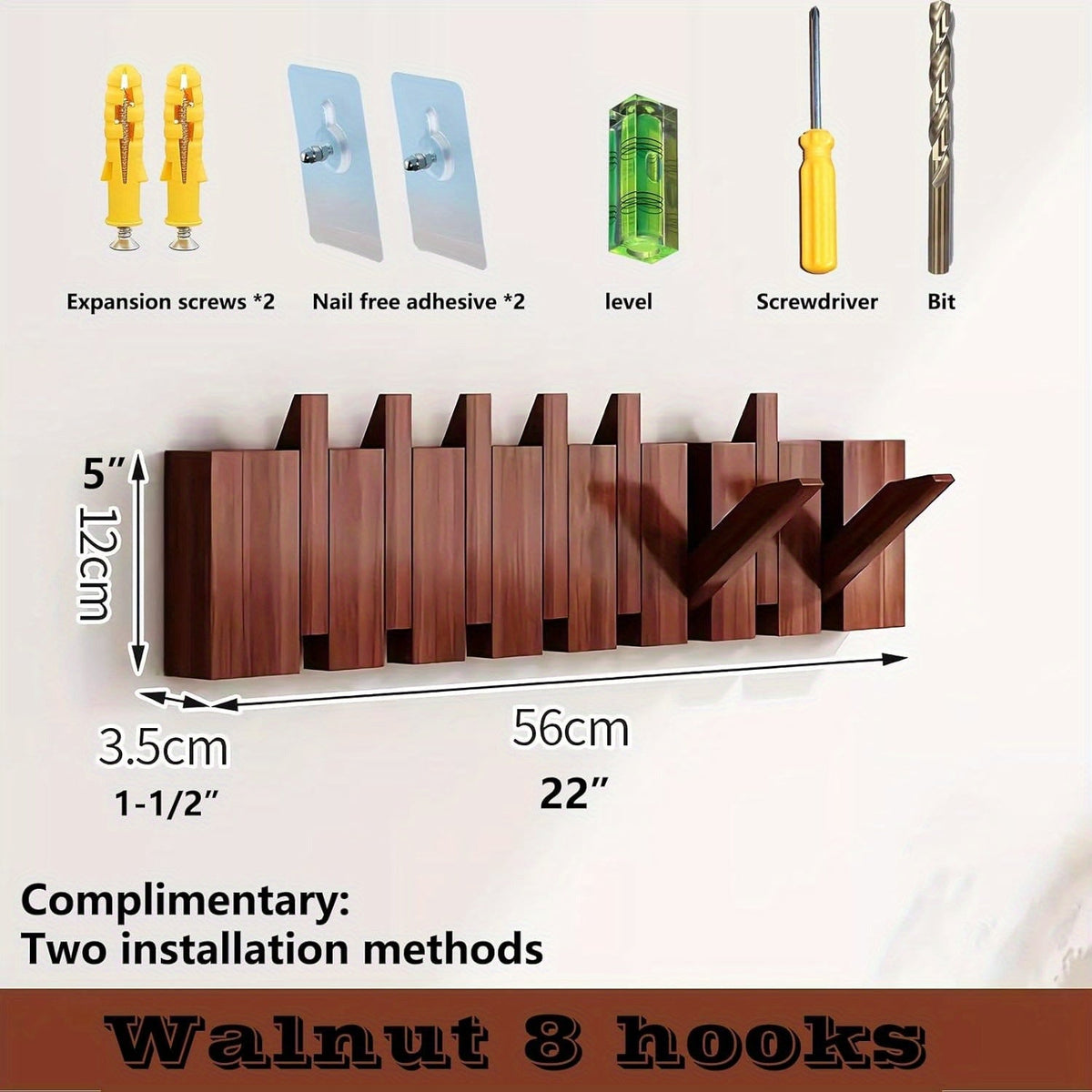 Coat Rack shown in the LED Walnut, 8 Hooks option