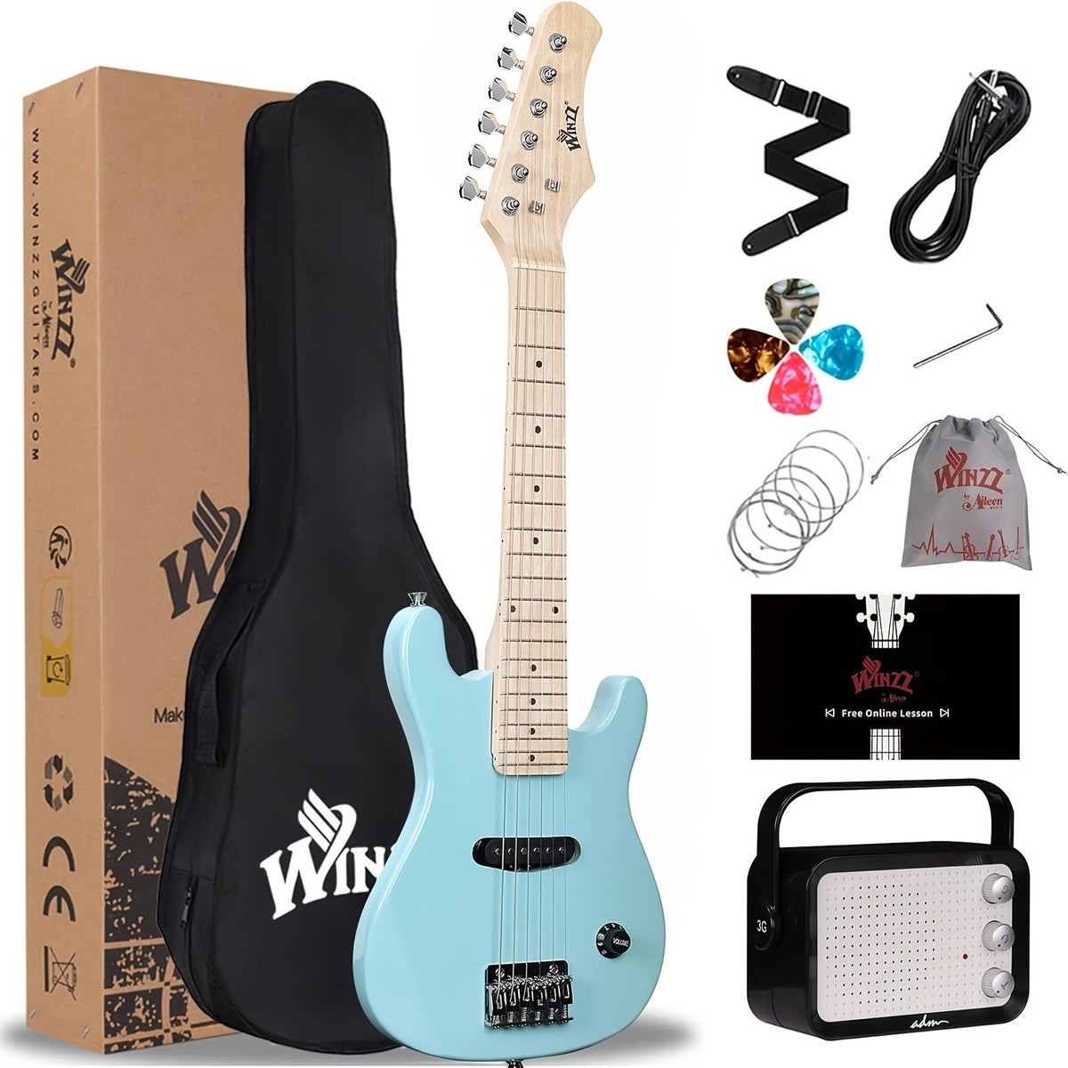 WINZZ 30-Inch Electric Guitar Starter Kit with Mini Amp and Gig Bag shown in the LIGHT GREEN option